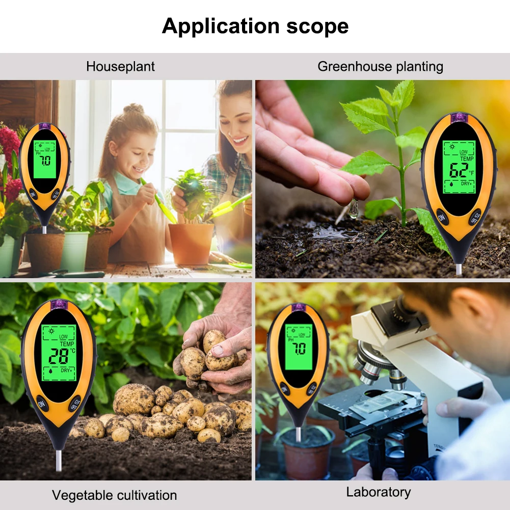 Yieryi-medidor Digital de PH del suelo 4 en 1, Monitor de humedad, probador de temperatura y luz solar para plantas de jardinería, cultivo con luz