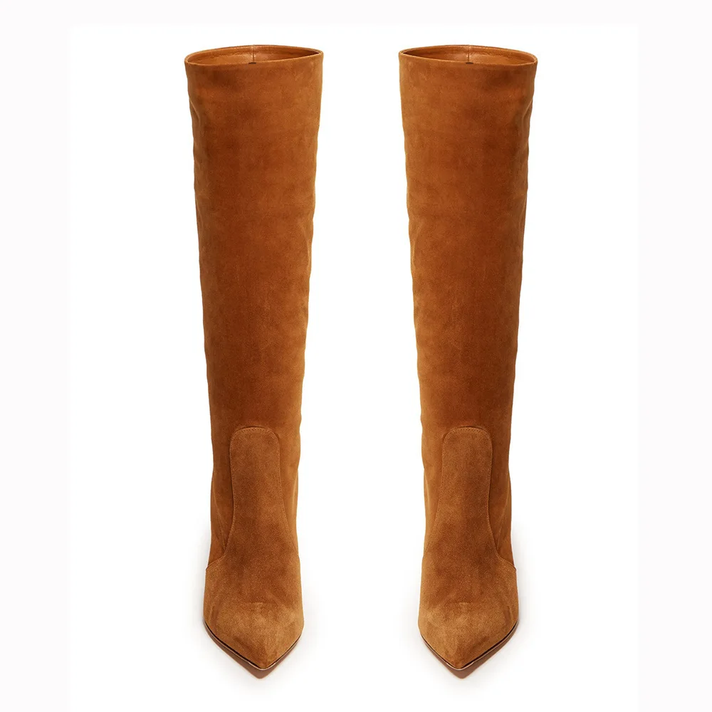 Women Suede Knee High Boots Fashion Folding Slip on Winter High Boots Casual High Heels Brown Long Boots Ladies Shoes