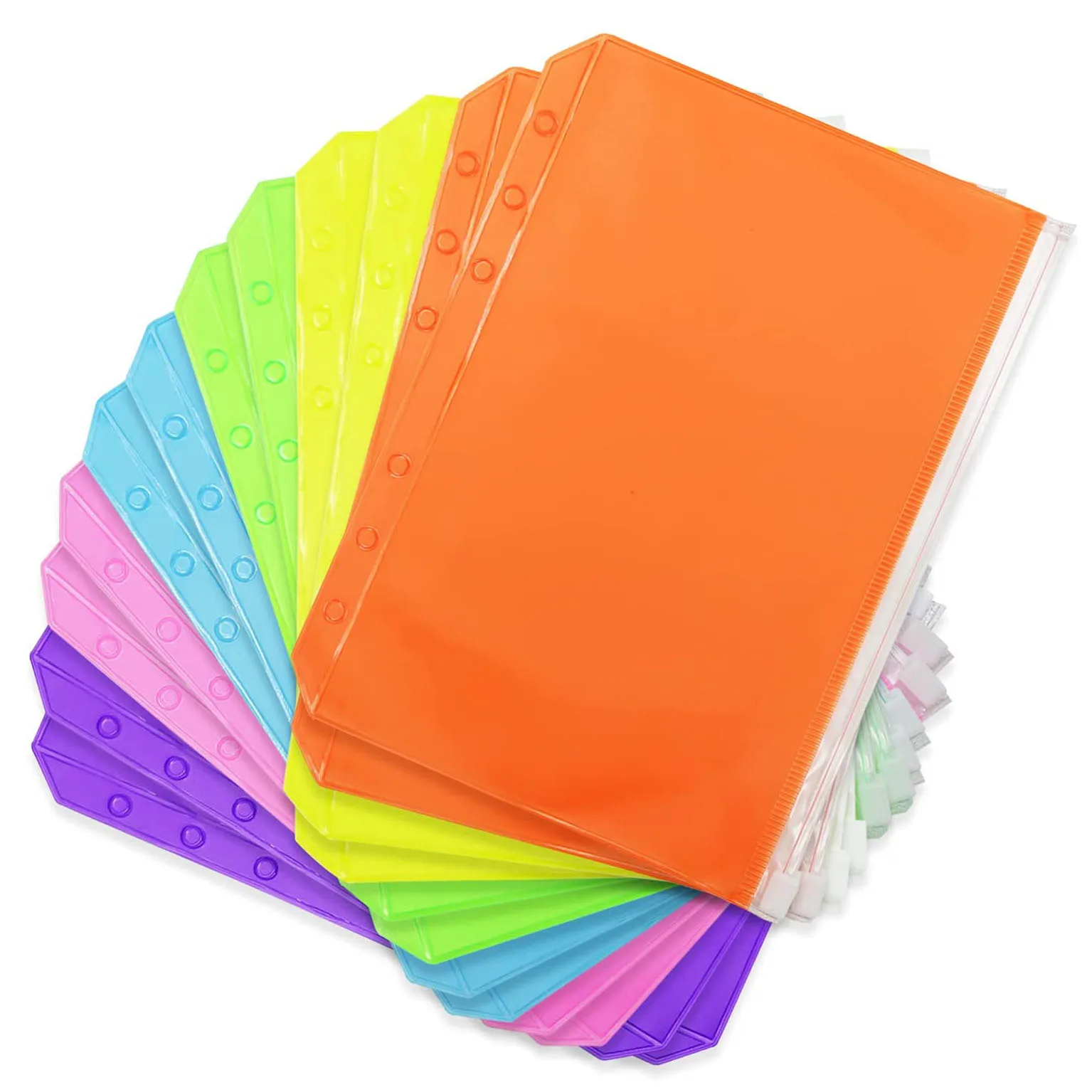 12 Pieces A5 Binder Pockets Colorful 6 Hole Cash Envelopes for A5 Notebook Loose Leaf Bags, Waterproof PVC Document Filing Bags