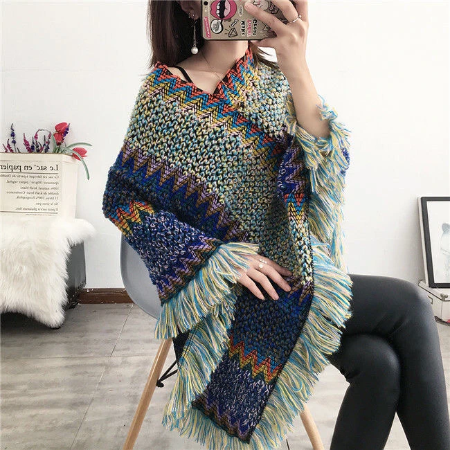 Pullover Women Knitting Poncho Capes Autumn New  Female Fashion Bohemian Poncho Cloak Tassel Winter Clothing National Blue