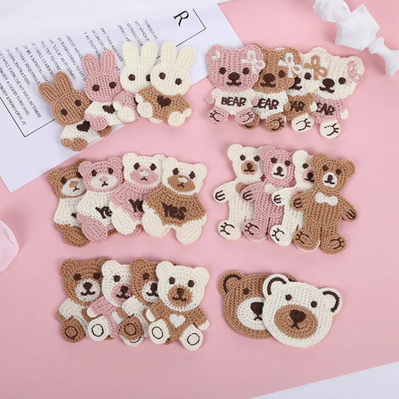 4Pcs Wool Knitting Embroidery Bear Stickers Patches On Clothes  DIY Handmade Headdress BB Clip Textile Cloth Stickers Accessorie