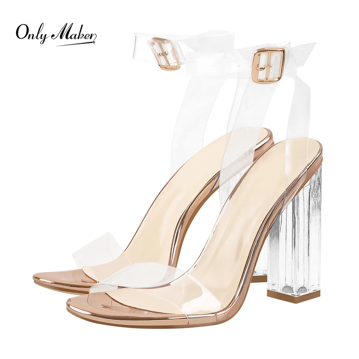 Onlymaker Women  Lucite Clear Ankle Strap Adjustable Buckle Block Chunky Perspex High Heel Transparent Dress Sandals US15