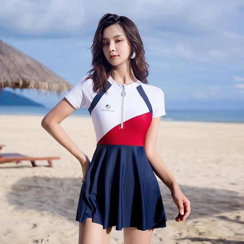 One Piece Swimsuit Women Swimwear Patchwork Female Bathing Suit Bodysuit Swim Wear Beach Short Sleeve Zipper 2021 New With Skirt