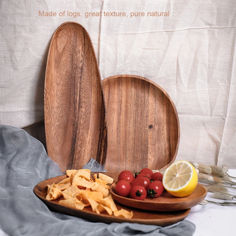 Wood Food Tray Tableware Plate Serve Food Fruit Snack Dessert Tray  Solid Wood Decorative  Serving Trays Irregular Oval Food Pan