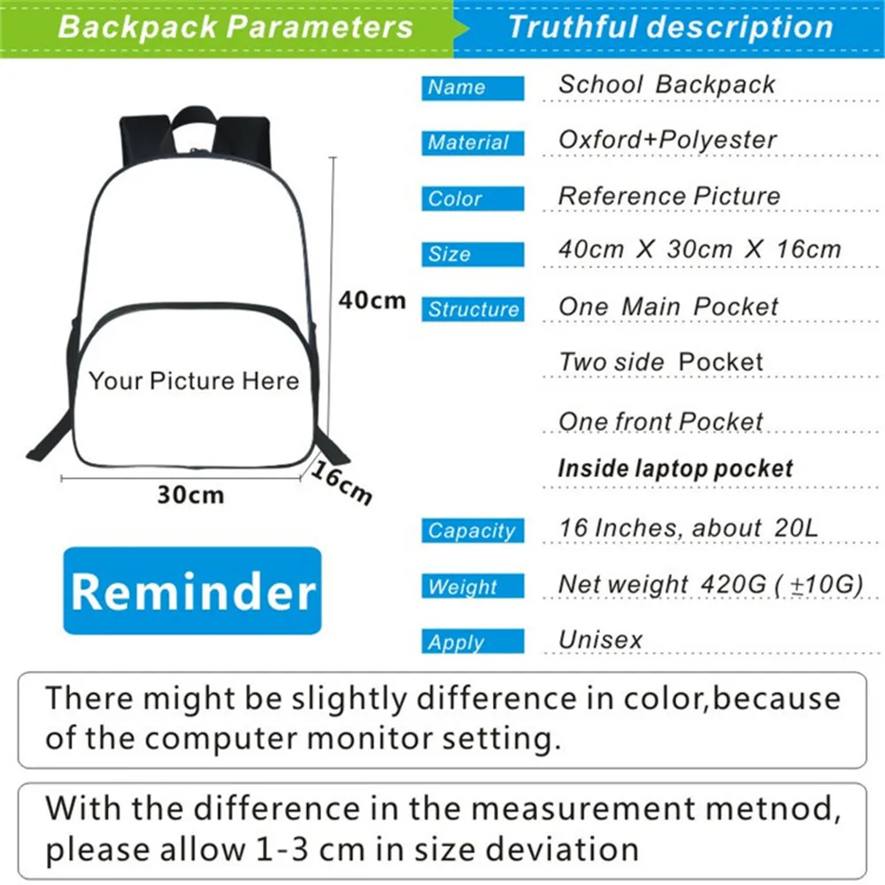 Customize Your Logo Name Image Backpack for Teenagers School Travel Backpack Kids Boys Girls 16 inches Double-layer backpack