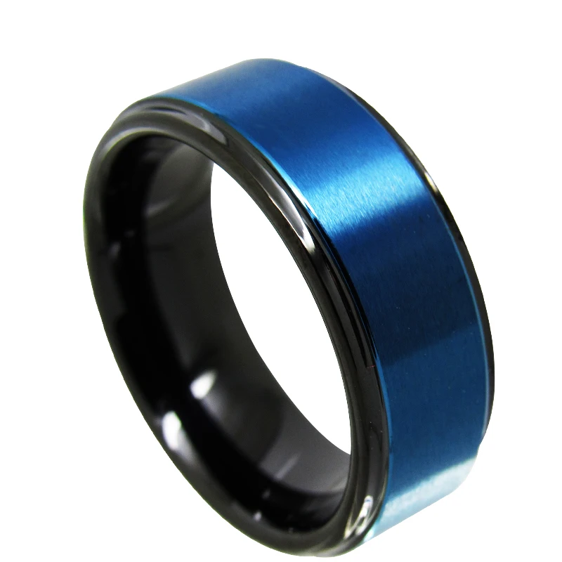 

8mm Width Two Tones Black Mens Tungsten Engagement Rings Band Blue Color Plated Matte Finishing Comfort Fit Size 6-13 Customize