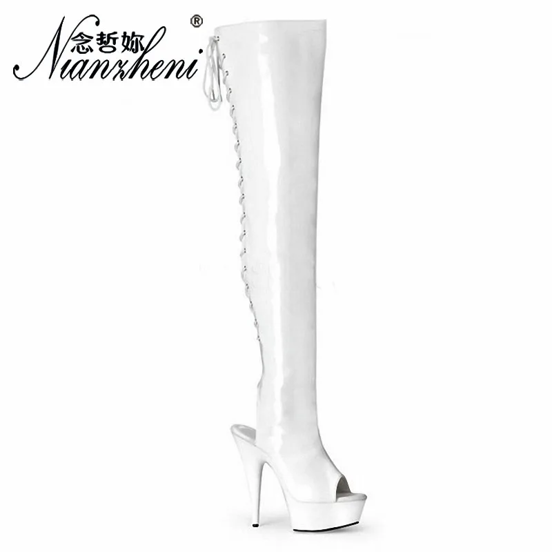 6Inch thin high heel Plus Size 12 Exotic Over The Knee Boots 15cm platform open toe women Lace Up stripper heels boots leather