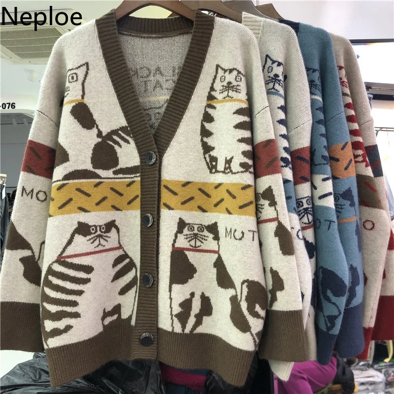 Neploe jesień 2023 kobiet sweter odzież moda kot zwierząt sweter kobieta swetry typu oversize koreański swetry z dzianiny płaszcz Pull Femme