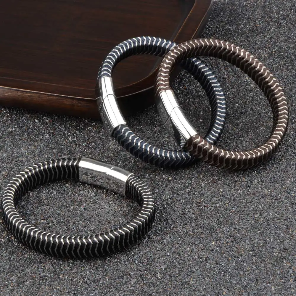 Classic Men Jewelry Stainless Steel Bracelets Black Brown Rope Sliver Magnetic Clasp Bracelets Wristband For Male Jewelry Gift