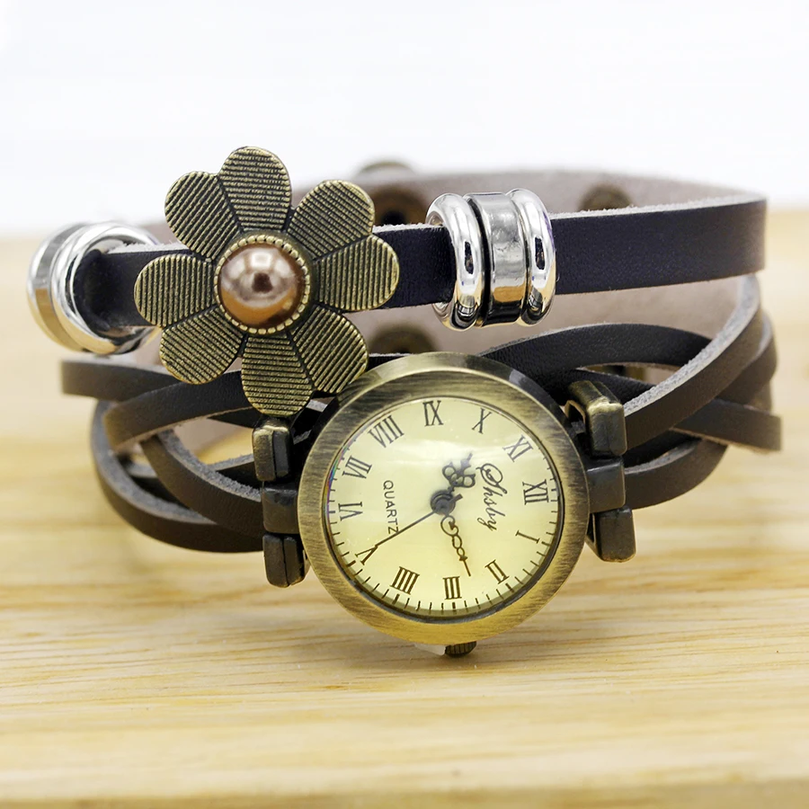 Shsby  New Women Vintage Leather Strap Watches Pearl Sun Flower Bracelet Women Dress Watch Brown Women Wristwatch