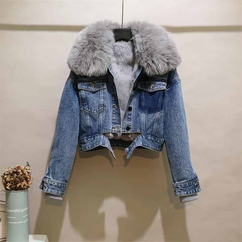 Fashion Denim Overalls Parkas Women Winter Real Fox Fur Collar Rabbit Fur Liner Warm Loose Short Washed Distressed Jacket Female