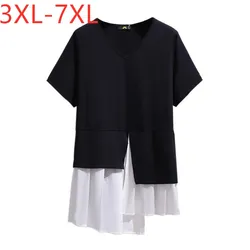 Camiseta holgada de algodón para mujer, ropa de talla grande, manga corta, negra, larga, plegable, 3XL, 4XL, 5XL, 6XL, 7XL, 2021