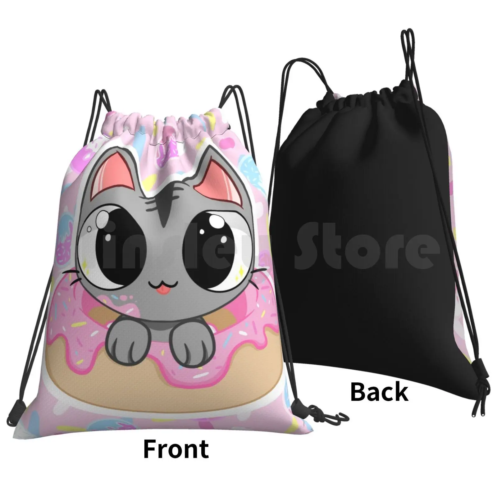 Donut Cat! Backpack Drawstring Bags Gym Bag Waterproof Cute Sweet Donuts Treat Pastel Pretty Kawaii Cat Kitty Kitten Grey