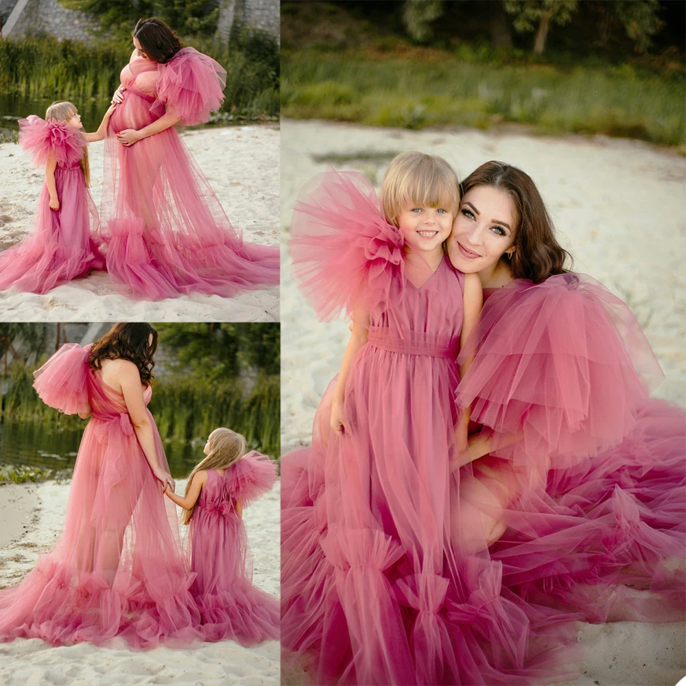 Parent-child Sleepwear Tulle Women Sleepgown Custom Made Sleeveless Photo Shoot Nightgown Two Piece Nightwear