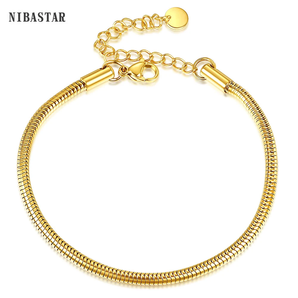 Gold Colour Adjustable Length 3mm Round Stainless Steel Snake Chain Bracelet For Women Lady Jewelry