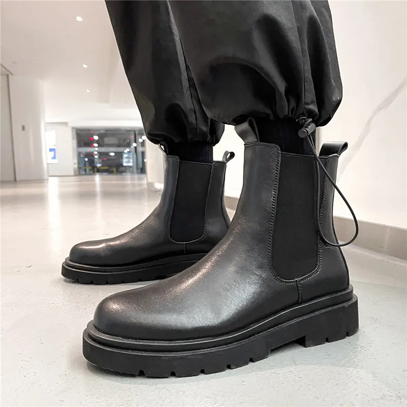 British style mens leisure chelsea boots black platform shoes punk hip hop motorcycle boot cow leather ankle botas masculina man