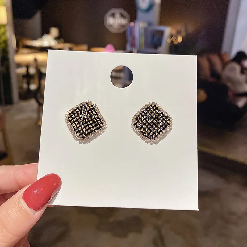 New Geometric Square Earrings Black Gem Simple Diamond Shape Ear Jewelry Female