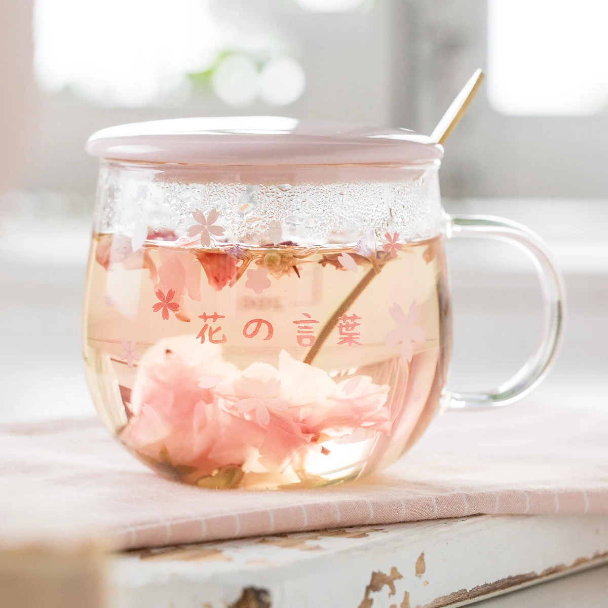 

Japan Style Sakura Glass Cup Pink Kawaii Coffee Water Mug With Spoon For Breakfast Transparent Glass Drinkware