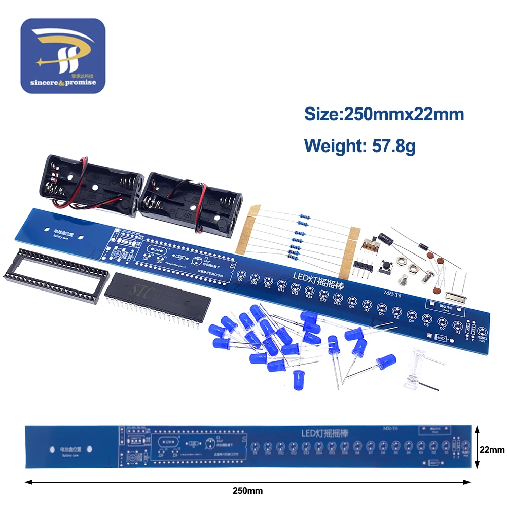 16 Bits POV LED Stick Light Rocker Diy Kit Shaking STC89C52 51 Microcontroller Electronic Solder Kits Blue/Red Display