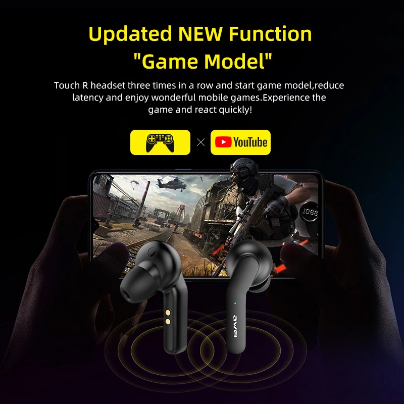 Awei T10C 2020 최신 게임 버전 tws 5.0 ipx4 블루투스 진정한 무선 이어 버드 터치 컨트롤 소음 차단 볼륨 컨트롤 마이크가있는 슈퍼베이스 사운드