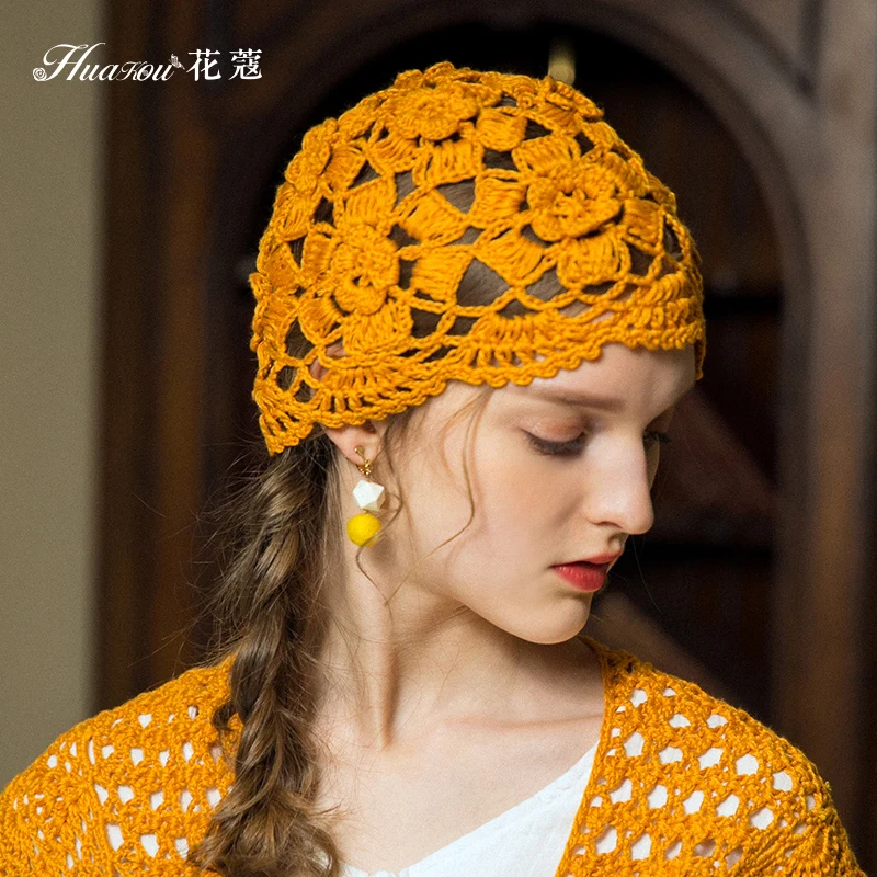 Women Flowers Lace Beanie Cap Female Spring Summer Korean Sweet Lovely Skullies Hat Girl Leisure All-match Beanies Hats H6768