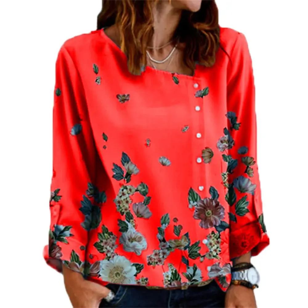 

Butterfly Flowers Print Women T-Shirt Skew Collar Button Fashion Blouses 2021 Ladies Long Sleeve Casual Blouse Shirts Top Female