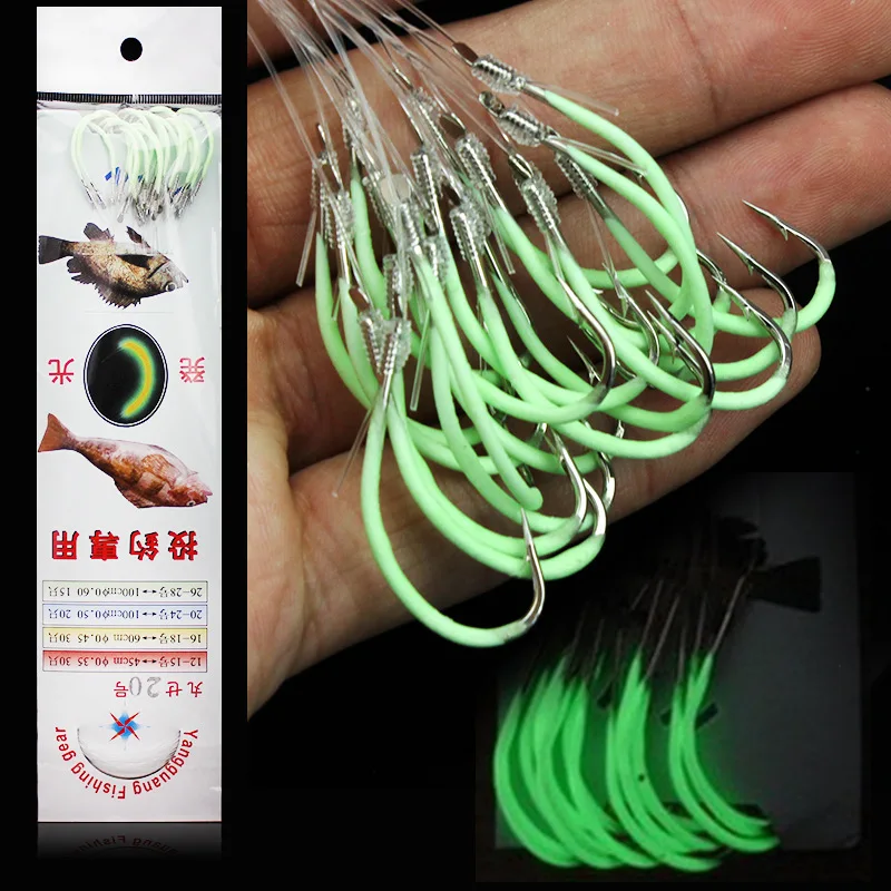 Night Fishing Hook Glow in Dark String Hooks 12-30# Luminous Crank Nake Single Fishhook Fresh&Saltwater