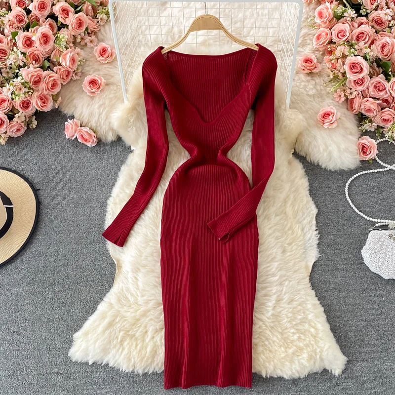 

Deep V Neck New 2021 Thick Winter Solid Jumper Dresses Knitted Warm Woman Pollover Korean Sweater Dress Women Casual Bodycon