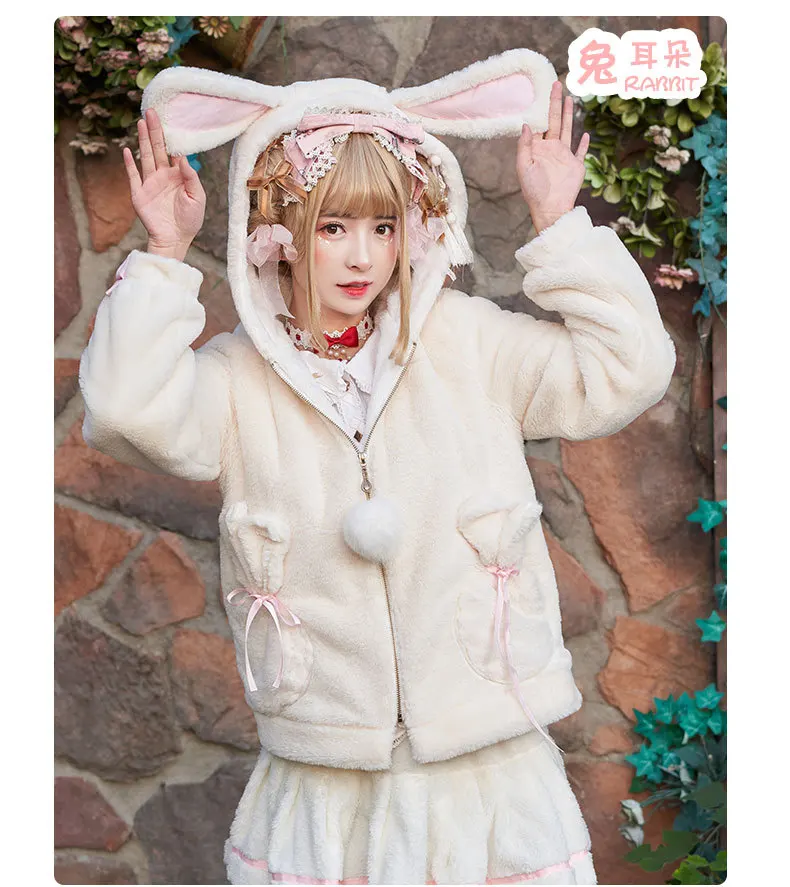 Manteau en peluche Lolita automne et hiver, manteau en peluche, oreilles de chat, oreilles de lapin, veste victorienne, manteau gothique, loli cos lolita top