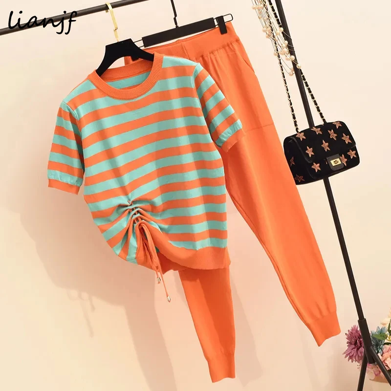 

LIANJF Summer Striped Contrast Color Drawstring Tops+lace Up Two Piece Suits Women Casual New Knitted Two Piece Set Streetwear