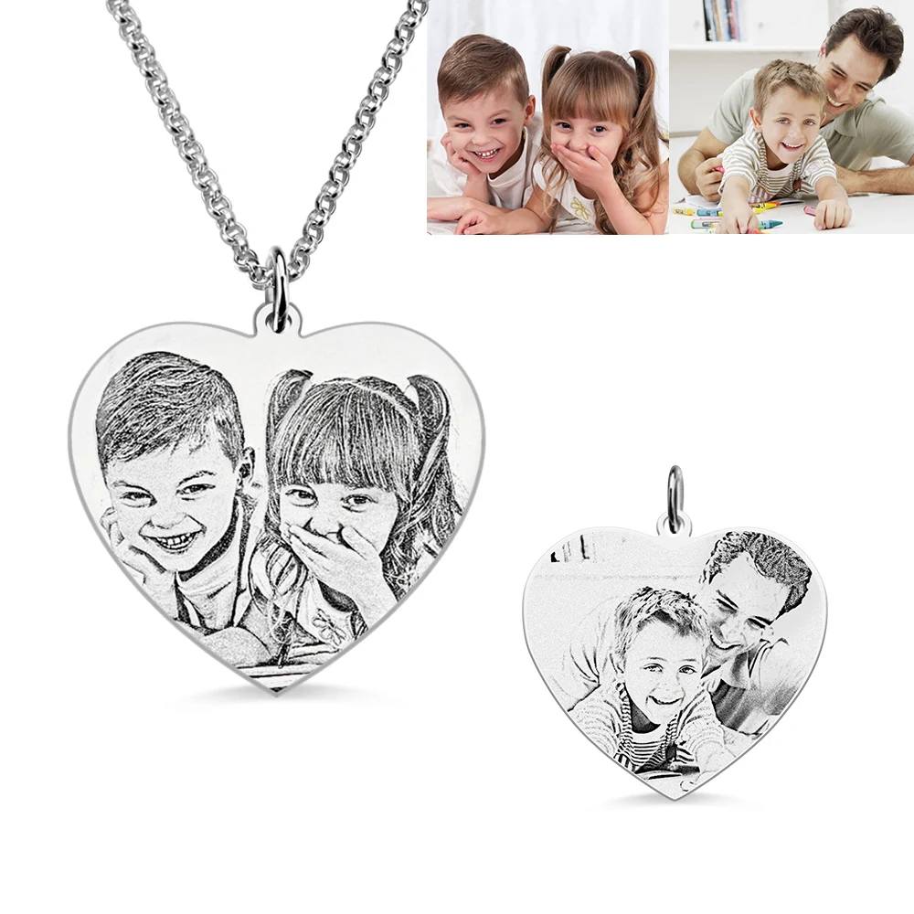 AILIN Dropshipping Personalized Stainless Steel Heart Shape Double-sided Engraved Photo Necklace Gift for Lover Valentine's Day