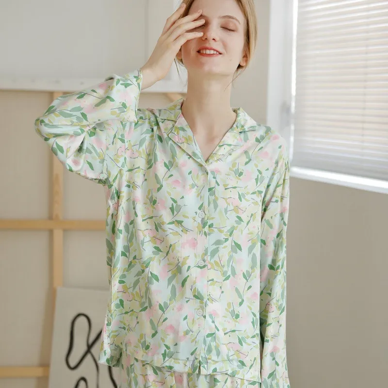 New Fashion Soft Viscose Women\'s Long Sleeve Pajama Sets Floral Prited Loose Sleepwear Suits Home Clothes Plus Size