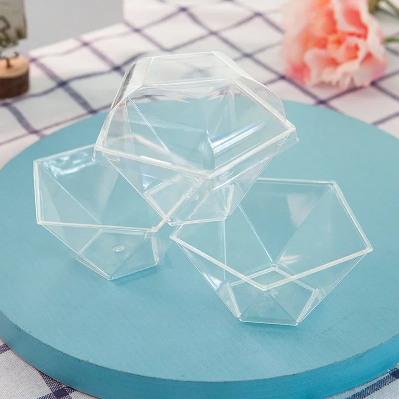 50pcs 100ml transparent dessert cups creative diamond shaped disposable cake box wedding birthday party plastic cup with lid