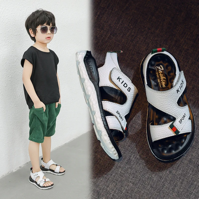 Children Sandals 2023 Summer New Fashion Boys Geniune Leather Sandals Kids Soft Bottom Non-slip Beach Sandals