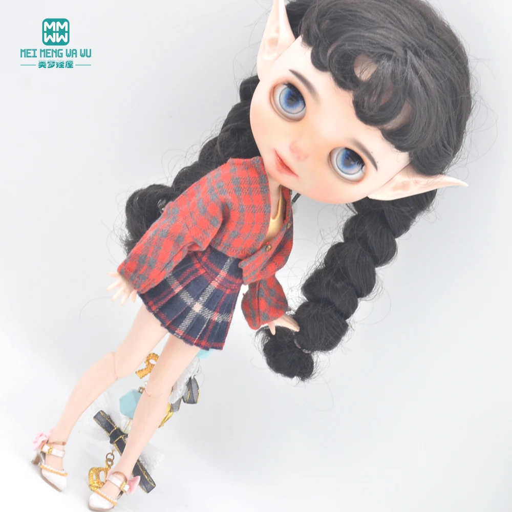Clothes for Doll Fits Blyth Azone OB22 OB24 Doll Fashion Woolen Jacket Plaid Top Blue, Green, Black, Gray