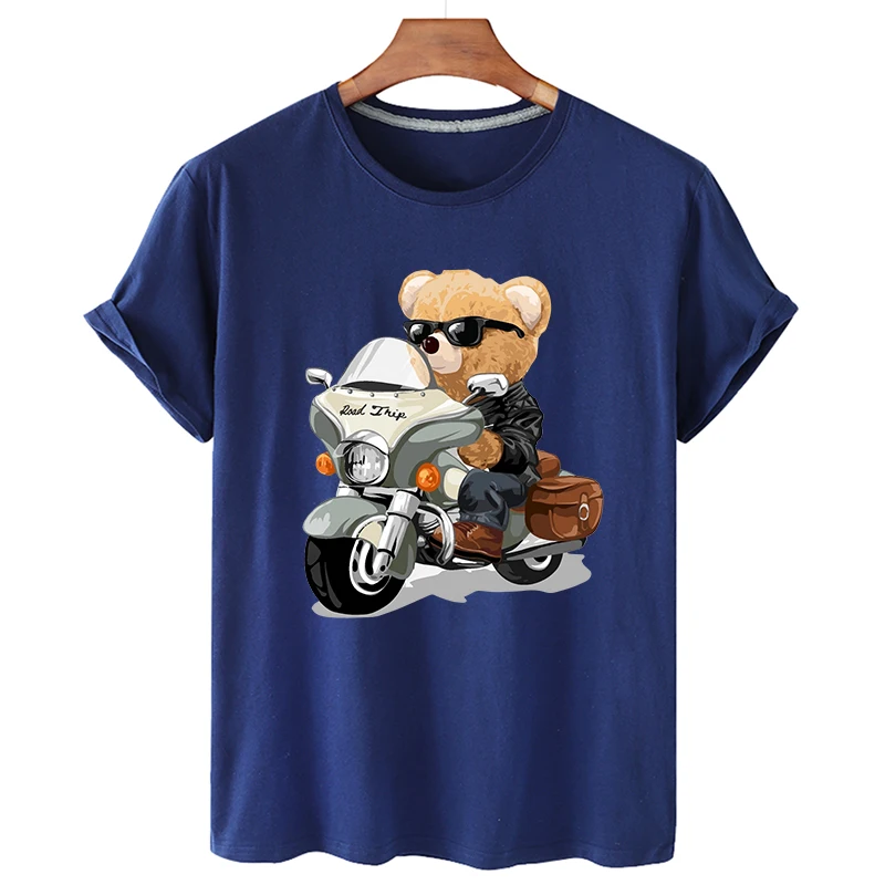 100% Cotton Sunglasses Motorcycle Bear O-neck Loose Short-sleeved T-shirt Women Summer Short-sleeved Plus Size T-shirt Unisex