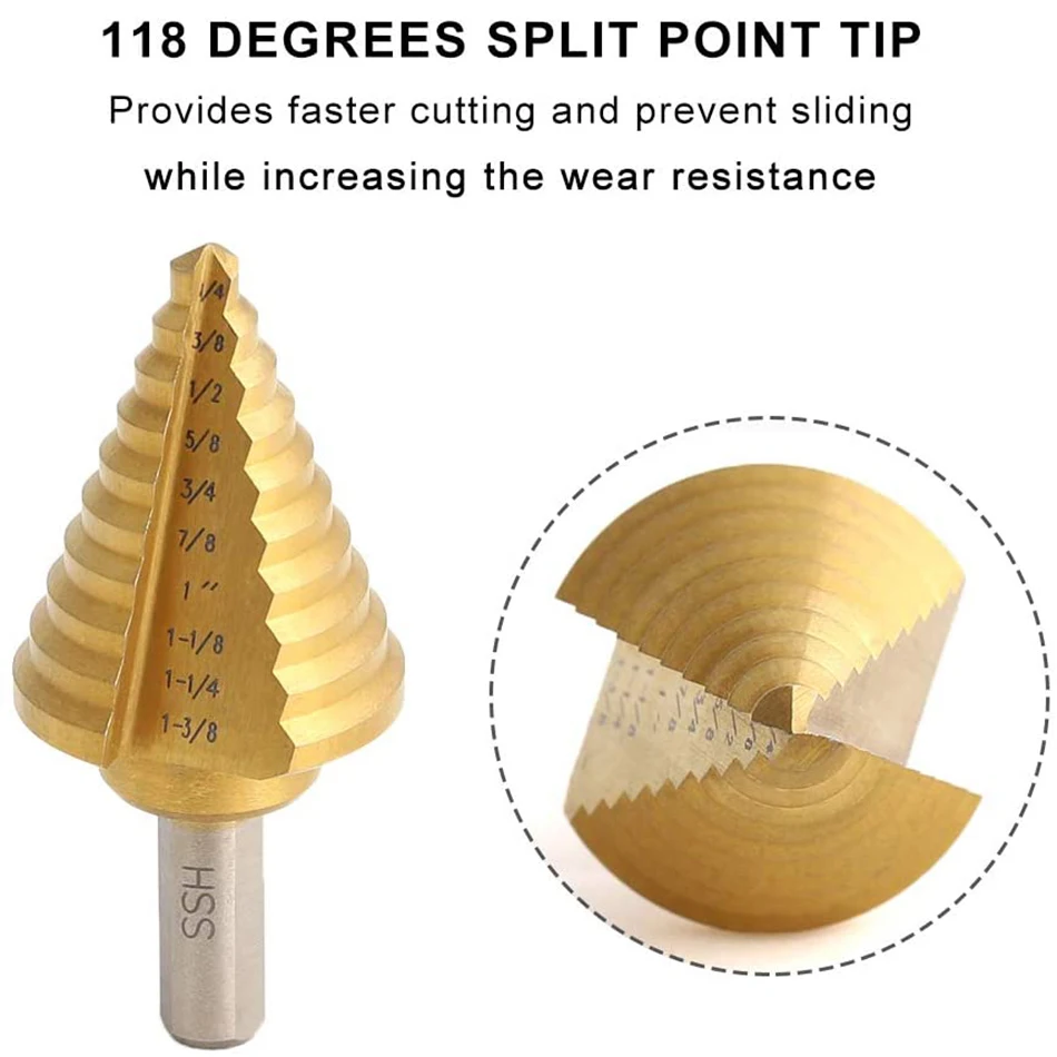 GanWei 3Pcs/5Pcs/6Pcs Titanium Step Drill Bit Set Hss Cobalt หลายขั้นตอนขั้นตอนเจาะสำหรับโลหะอลูมิเนียมเจาะรู