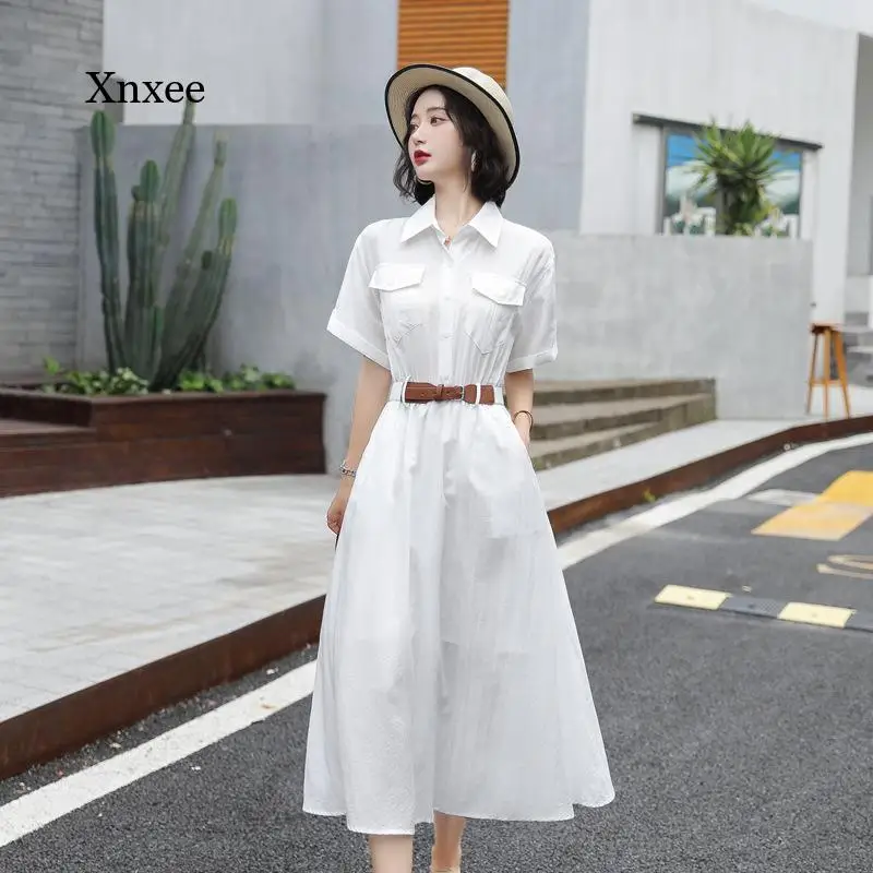 New Long Shirt Dress Women's Blouse Solid Elastic Waist French A Line Midi Robe 2021 Summer Female Elegant Office Clothing