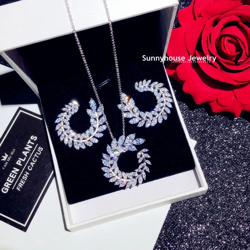 CC Leaf Fine Jewelry Set for Women Wedding Party Accessories Bridal Bijoux Engagement Necklace Earrings Set 2 PCS S009