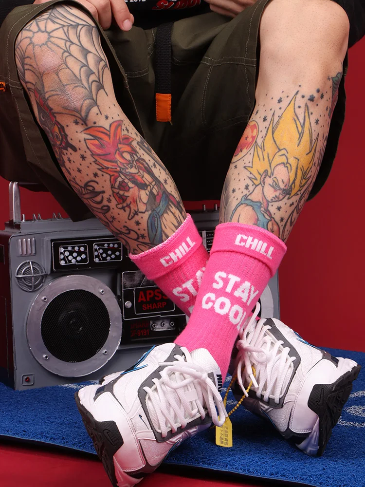 Double Pairs STAY COOL Fashion Turnup Creative Men Letters Hiphop two Socks Pink Women Street Skate Long Sock