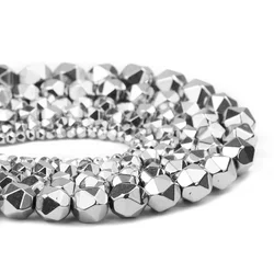 Natural Hematite Stone 3/4/6/8MM Silver Color Faceted Round Handmade Spacer Loose Beads For Jewelry Making DIY Bracelets Finding