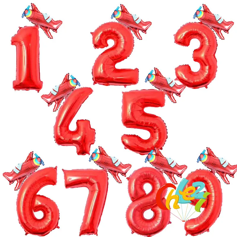 32inch Blue Red Number foil Balloons airplane balloon figure 1 2 3 year boy girl Birthday Party decorations Kid baby shower Gift