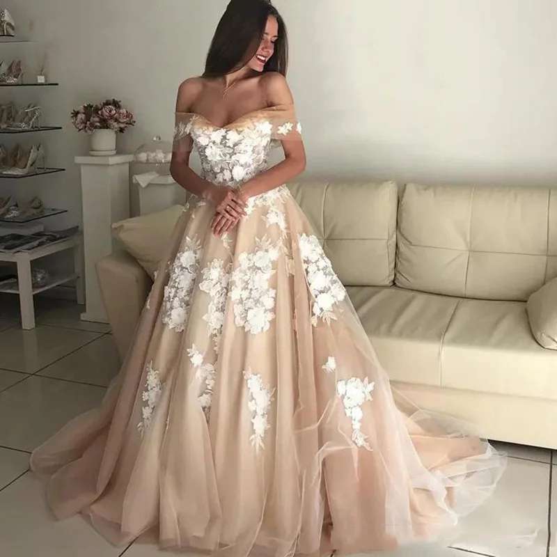 MYYBLE-vestido de novia Formal de corte en A, tul champán, sin tirantes, apliques de marfil, hombros descubiertos, cola, 2021