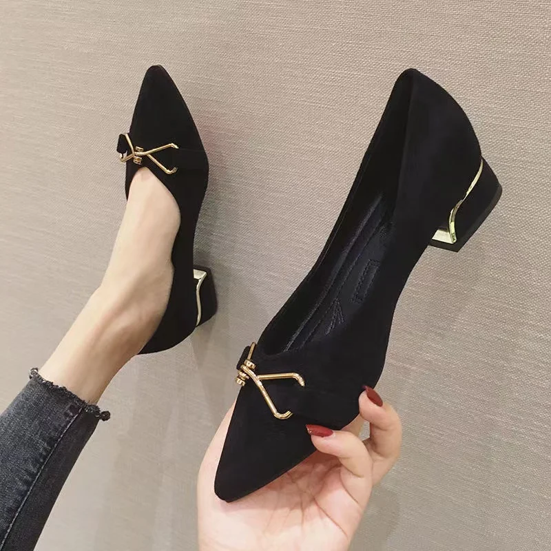 

women shoes suede pointed toe metal bow decoration slip on flats mid-heel thick heel black loafers dress shoes