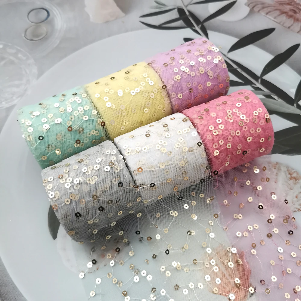 

6cm 10yards Tulle Ribbon Paillette Sequin Mesh Film DIY Gauze Tutu Skirt Bow Poms Hairbands Clips Wedding Birthday Decor Supply