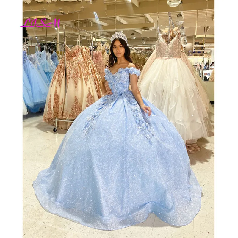 Sparkly Light Sky Blue Quinceanera Dresses 2021 Princess Ball Gown Off The Shoulder 3D Flowers Beads Prom Party Sweet 15 Dress