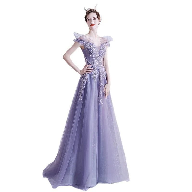 Purple Shining Bridesmaid Dresses Strapless Ruffle Pleat A Line Long Appliques Sequin Wedding Party Prom Gown Boat Neck New 2024