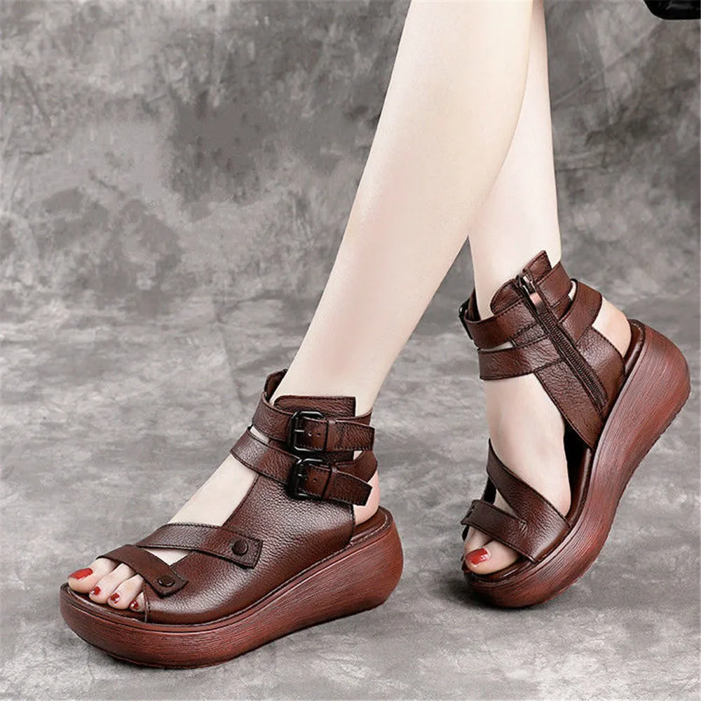 Slope Heel European Soft Leather Retro Roman Sandals Women's 2024 Spring Summer New Muffin Thick Soled Open Toe Side Zip Shoes