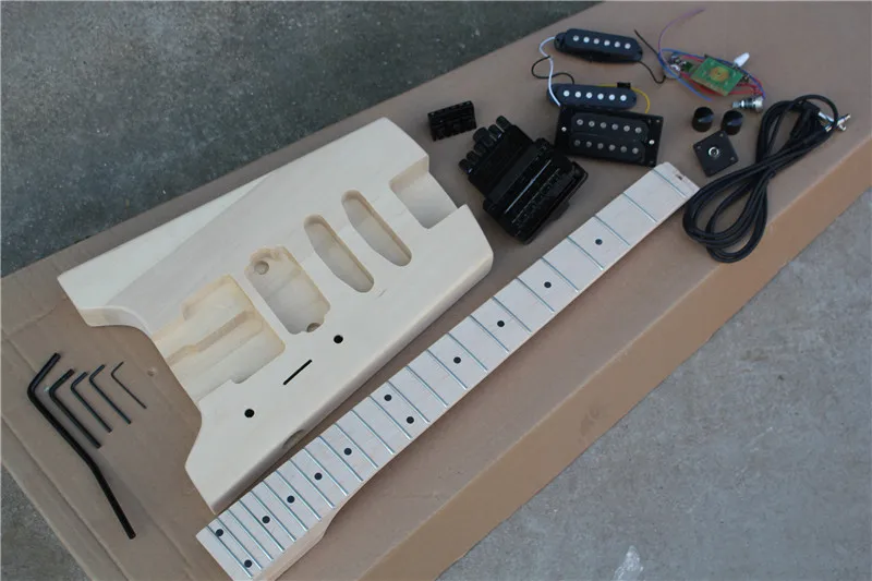 Factory customDIY kit semi-finished headless electric guitar with basswood body,maple neck,balck hardware,free shipping