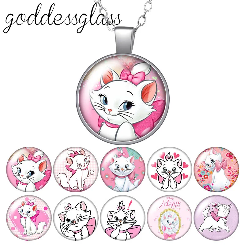 Colar de vidro redondo com desenho de gato Marie, cabochão de vidro banhado a prata/cristal, joia para presente